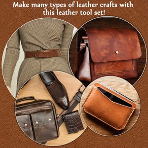 May include: An image showcasing a leather tool set with various leather crafts. The image includes a brown leather belt, a satchel bag, a wallet, a briefcase, and brown leather shoes. The text in the image says: Make many types of leather crafts with this leather tool set!
