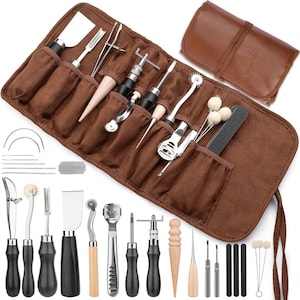 May include: A brown leather craft tool kit with various tools, including needles, awls, and cutting tools. The tools are arranged in a brown roll-up case and a separate brown leather pouch. The kit includes tools with wooden and black handles.