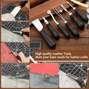 May include: A selection of leatherworking tools with black handles and silver blades. The tools include a skiving knife, edge beveler, stitching groover, and a rotary leather marking wheel. Cutting mats and leather pieces are also visible.