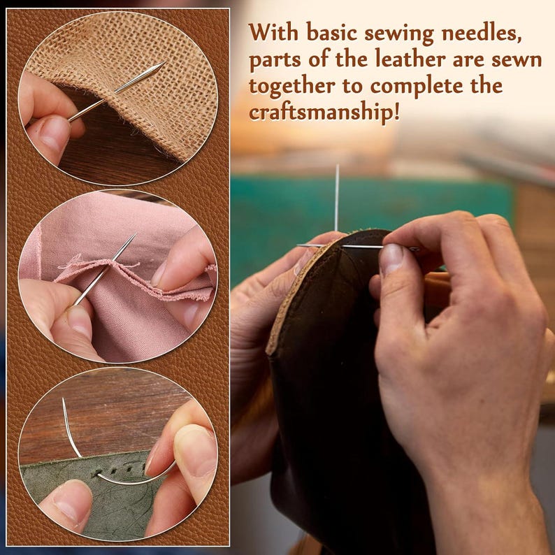 May include: Close-up images of sewing needles passing through various materials: burlap, pink fabric, and leather. The text states: "With basic sewing needles, parts of the leather are sewn together to complete the craftsmanship!"