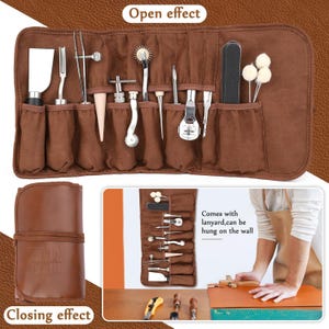 May include: A brown leathercraft tool kit, open and closed, with various tools displayed in pockets. The open kit shows tools like a swivel knife, edge beveler, and burnishing tools. The text "Open effect" and "Closing effect" are visible.