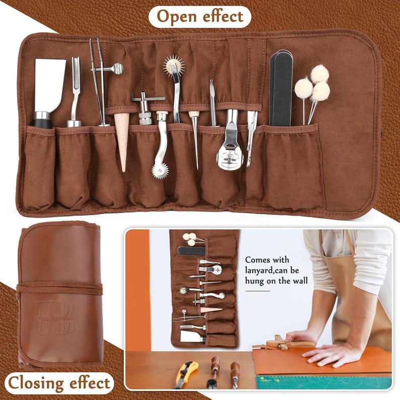 May include: A brown leathercraft tool kit, open and closed, with various tools displayed in pockets. The open kit shows tools like a swivel knife, edge beveler, and burnishing tools. The text "Open effect" and "Closing effect" are visible.