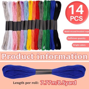 May include: A collection of 14 multi-colored embroidery floss skeins, each with a black band. The image also shows a single blue skein and text that reads "Product information" and "Length per roll: 8.5 yard".