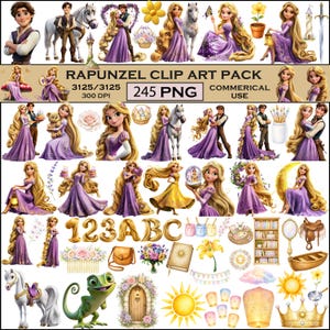 Op de afbeelding: Een digitale clip art collectie met Rapunzel, Flynn Rider, Maximus en Pascal. De set bevat diverse illustraties van personages, een toren, een paard, een kameleon, bloemen, boeken, lantaarns en letters van het alfabet met een Rapunzel thema.