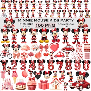 May include: A digital collection of Minnie Mouse graphics featuring various poses, red polka dot dresses, bows, numbers zero through nine, hearts, cars, balloons, cakes, and party-themed icons with the text MINNIE MOUSE KIDS PARTY 100 PNG.