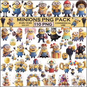 Pacchetto PNG dei Minions, 110 clipart di personaggi Minions, pacchetto PNG di Minions per compleanno, PNG per feste a tema cartoni animati, download immediato,