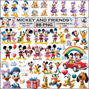 May include: A digital collection of Mickey and Friends character illustrations, including Mickey, Minnie, Donald, Daisy, Pluto, and Goofy. The set features 88 PNG files with houses, balloons, hearts, a rainbow, and a red car, labeled Mickey and Friends.