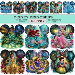 Disney Princess PNG-paket, Askungen Ariel Belle Rapunzel Snövit Clipart, Prinsessan Rosett Sublimering, Saga Digital Nedladdning