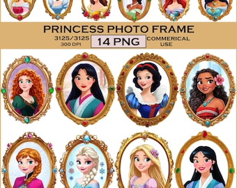 May include: A collection of 14 digital illustrations featuring various animated princesses, each enclosed in an ornate gold oval frame decorated with colorful gems. The text PRINCESS PHOTO FRAME, 3125/3125, 14 PNG, 300 DPI, and COMMERICAL USE is displayed.