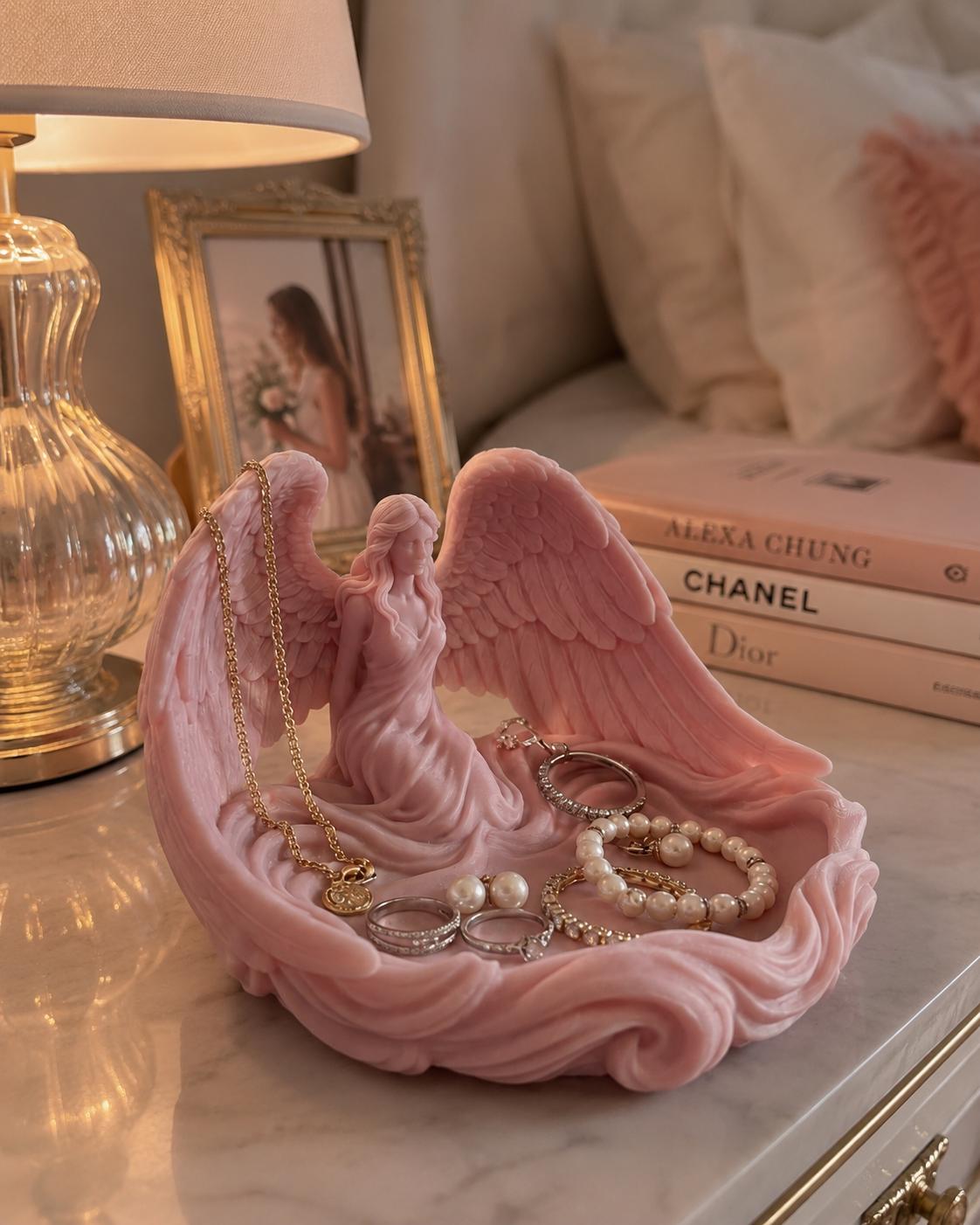 Angel Jewelry Dish, 3D Printed Ring Holder Tray, Pink Winged Trinket Dish, Vanity Organizer, Angel Decor Gift for Her