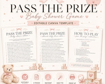 Pass The Prize Baby Shower Game, Pink Teddy Bear Girl, Editable Canva Template (Instant Download)
