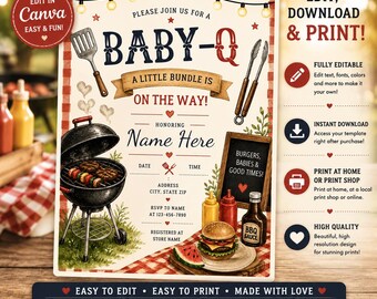 Baby-Q BBQ Baby Shower Invitation, Editable Canva Template, Backyard Invite (Instant Download)