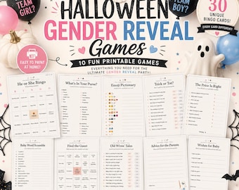 May include: A set of ten printable Halloween gender reveal game cards featuring titles like He or She Bingo, Emoji Pictionary, and Baby Word Scramble. The cards are decorated with ghosts, bats, and balloons in pink and blue, with text including "Halloween Gender Reveal Games" and "30 Unique Bingo Cards".