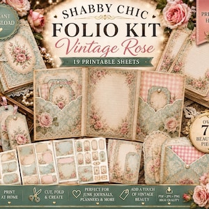 May include: A Shabby Chic Folio Kit Vintage Rose printable set featuring 19 sheets and over 70 pieces. The collection includes floral-patterned tags, envelopes, and journal pages in soft pink, blue, and cream tones with text overlays.