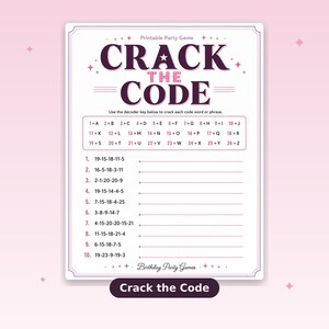 以下が含まれることがあります： 「Crack the Code」というタイトルの印刷可能なパーティーゲーム。デコーダーキー付き。紫と白のデザインで、コード化された単語やフレーズを解くための行があります。誕生日パーティー用に設計されたゲームです。