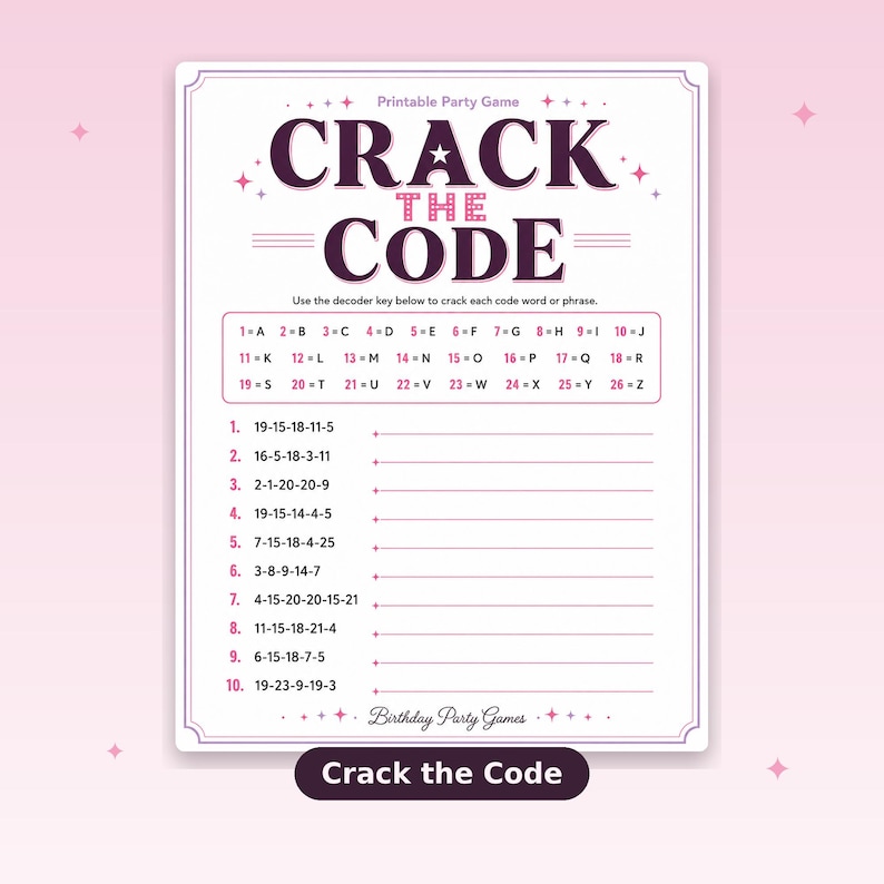 以下が含まれることがあります： 「Crack the Code」というタイトルの印刷可能なパーティーゲーム。デコーダーキー付き。紫と白のデザインで、コード化された単語やフレーズを解くための行があります。誕生日パーティー用に設計されたゲームです。
