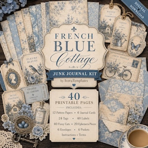 Peut inclure: Kit de journalisation numérique sur le thème du cottage bleu français. Il comprend 40 pages imprimables avec papiers à motifs, étiquettes, et éléments éphémères. Parfait pour le scrapbooking et les projets de journal intime.