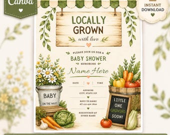 Locally Grown Baby Shower Invitation, Farmers Market Garden Veggie Canva Template (Digital Download)