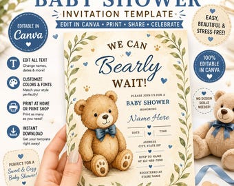 Teddy Bear Baby Shower Invitation, Navy Watercolor Boy Invite (Canva Template)