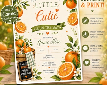 Citrus Baby Shower Invitation, Little Cutie Orange Theme, Editable Canva Template (Instant Download)