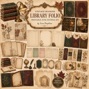 Pode incluir: Um kit digital de junk journal intitulado VINTAGE BOOKISH LIBRARY FOLIO da IvoraTemplates, contendo páginas imprimíveis, cartões de biblioteca, marcadores, envelopes e elementos decorativos com ilustrações botânicas e livros antigos.