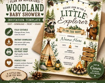Woodland Baby Shower Invitation Template, Little Explorer Adventure Awaits (Canva Download)