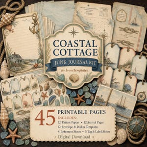 以下が含まれることがあります： Coastal Cottageジャンクジャーナルキット。パターンペーパー、ジャーナルページ、封筒、ポケットテンプレート、エフェメラシートを含む45枚の印刷可能なページ。灯台、船、貝殻などの航海をテーマにしたイラストが描かれています。