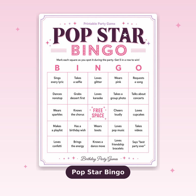 以下が含まれることがあります： ピンクと白のポップスタービンゴゲームカード。カードには、太字の紫色のフォントで「POP STAR BINGO」というタイトルが記載されています。ゲームには、「すべての歌詞を歌う」や「グリッターが大好き」などのさまざまなプロンプトが含まれています。