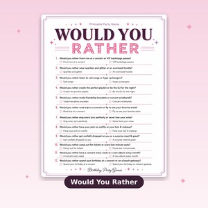 以下が含まれることがあります： ピンクと白のデザインの、印刷可能なパーティーゲーム「Would You Rather」。このゲームは、誕生日パーティーや集まりに最適な、それぞれ2つの選択肢がある一連の質問を特徴としています。このゲームは印刷するように設計されています。