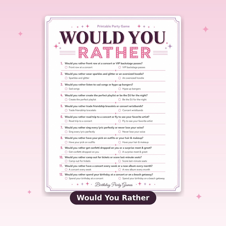 以下が含まれることがあります： ピンクと白のデザインの、印刷可能なパーティーゲーム「Would You Rather」。このゲームは、誕生日パーティーや集まりに最適な、それぞれ2つの選択肢がある一連の質問を特徴としています。このゲームは印刷するように設計されています。