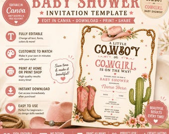 Little Cowboy Cowgirl Baby Shower Invitation, Western Boho Canva Template (Instant Download)