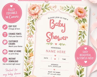 Boho Pink Peony Baby Shower Invitation Template, Editable Canva Floral Invite (Instant Download)