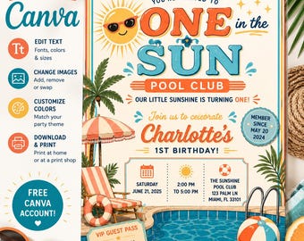 Retro Sunshine Pool Club 1st Birthday Invitation (Canva Template)