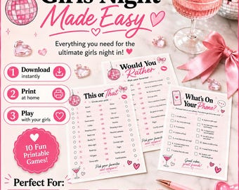 Girls Night Party Games Bundle, Pink Disco Theme (10 Printable Games)