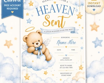 Heaven Sent Baby Shower Invitation, Blue Gold Teddy Bear, Editable Canva Template (Digital Download)