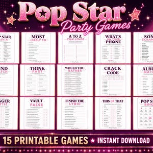 以下が含まれることがあります： 「Pop Star Party Games」のテキストと15種類の印刷可能なゲームが特徴の、ピンクと白をテーマにしたパーティーゲームセット。ゲームには、トリビア、チャレンジ、ビンゴなどがあります。画像は、星のアクセントが付いたピンクと紫の背景です。