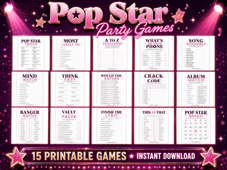 以下が含まれることがあります： 「Pop Star Party Games」のテキストと15種類の印刷可能なゲームが特徴の、ピンクと白をテーマにしたパーティーゲームセット。ゲームには、トリビア、チャレンジ、ビンゴなどがあります。画像は、星のアクセントが付いたピンクと紫の背景です。
