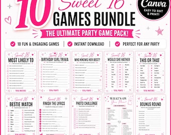 Sweet 16 Games Bundle, Canva Editable Party Games (Instant Download)