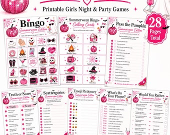 Summerween Party Games Bundle, Pink Halloween Bingo, Girls Night Printables (Instant Download)