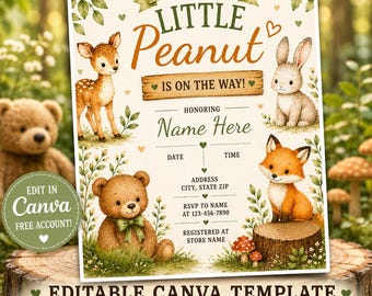 Animal Baby Shower Invitation, Little Peanut Editable Canva Template (Instant Download)