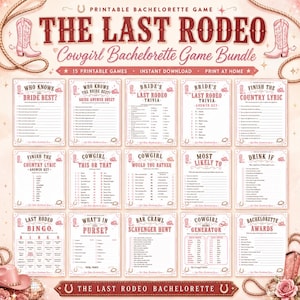 Pode incluir: Um pacote de jogos imprimíveis para despedida de solteira intitulado "The Last Rodeo". O design apresenta um esquema de cores rosa e castanho com botas de cowboy, corda e detalhes florais. O pacote inclui 15 jogos imprimíveis com títulos como "Who Knows the Bride Best?"