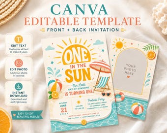 One In The Sun Birthday Invitation, Summer Pool Party Template (Digital Download)