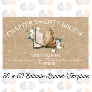 May include: A rectangular banner template with a brown textured background featuring an open book illustration surrounded by white flowers. The text reads CHAPTER TWENTY BEGINS, WELCOME TO sophie's twentieth CHAPTER, and 36 x 60 Editable Banner Template.