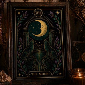 May include: A framed tarot card print featuring a crescent moon with a face, two wolves, and the text "THE MOON." The artwork has a dark, mystical theme with green, gold, and purple accents. The frame is dark brown.
