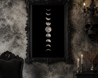 Mond Phasen Wand Kunst Druck, Mondzyklus Poster, Black Celestial Decor