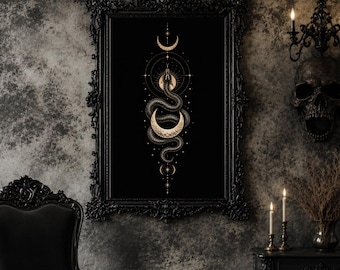 Witchy Schlange Mond Wand Kunst Print, Celestial Serpent Poster, Gothic Boho Dekor