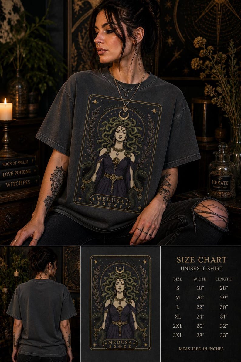 May include: A charcoal grey unisex t-shirt featuring a graphic print of Medusa with snakes for hair, wearing a dark purple dress. The design includes gold accents, stars, and the text MEDUSA. A size chart in inches is provided for sizes S to 3XL.