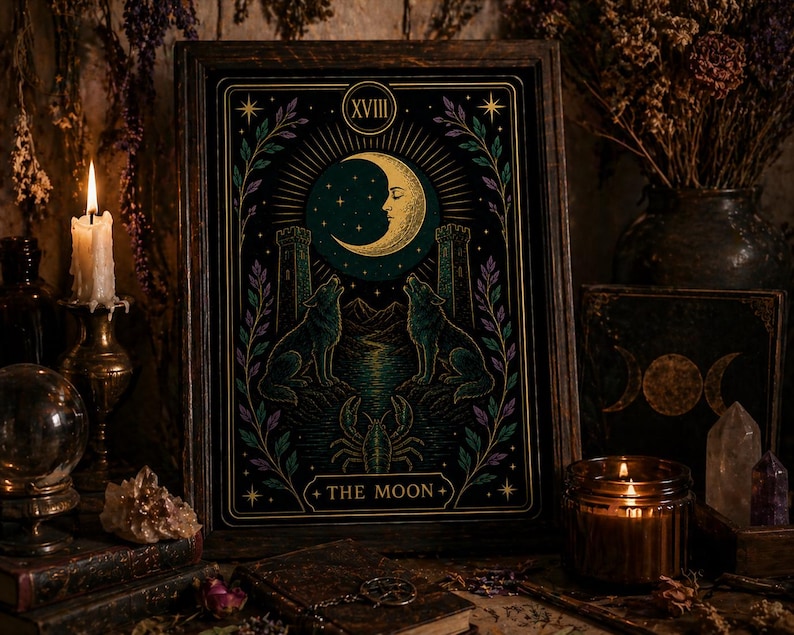 May include: A framed tarot card print featuring a crescent moon with a face, two wolves, and the text "THE MOON." The artwork has a dark, mystical theme with green, gold, and purple accents. The frame is dark brown.