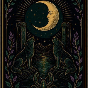 May include: Tarot card illustration featuring a crescent moon with a face, stars, and the number XVIII. Two wolves howl at the moon, with a river and mountains in the background. A lobster is at the bottom, with the words "THE MOON".