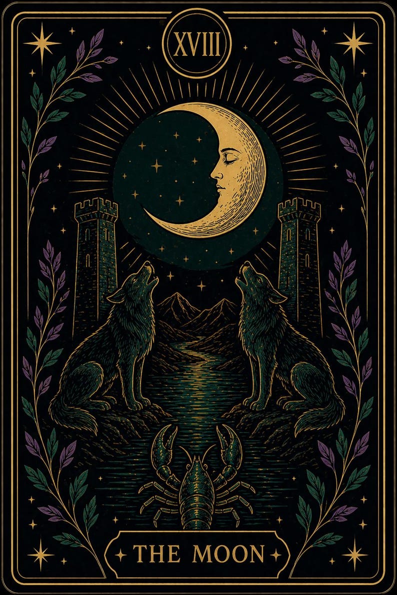 May include: Tarot card illustration featuring a crescent moon with a face, stars, and the number XVIII. Two wolves howl at the moon, with a river and mountains in the background. A lobster is at the bottom, with the words "THE MOON".
